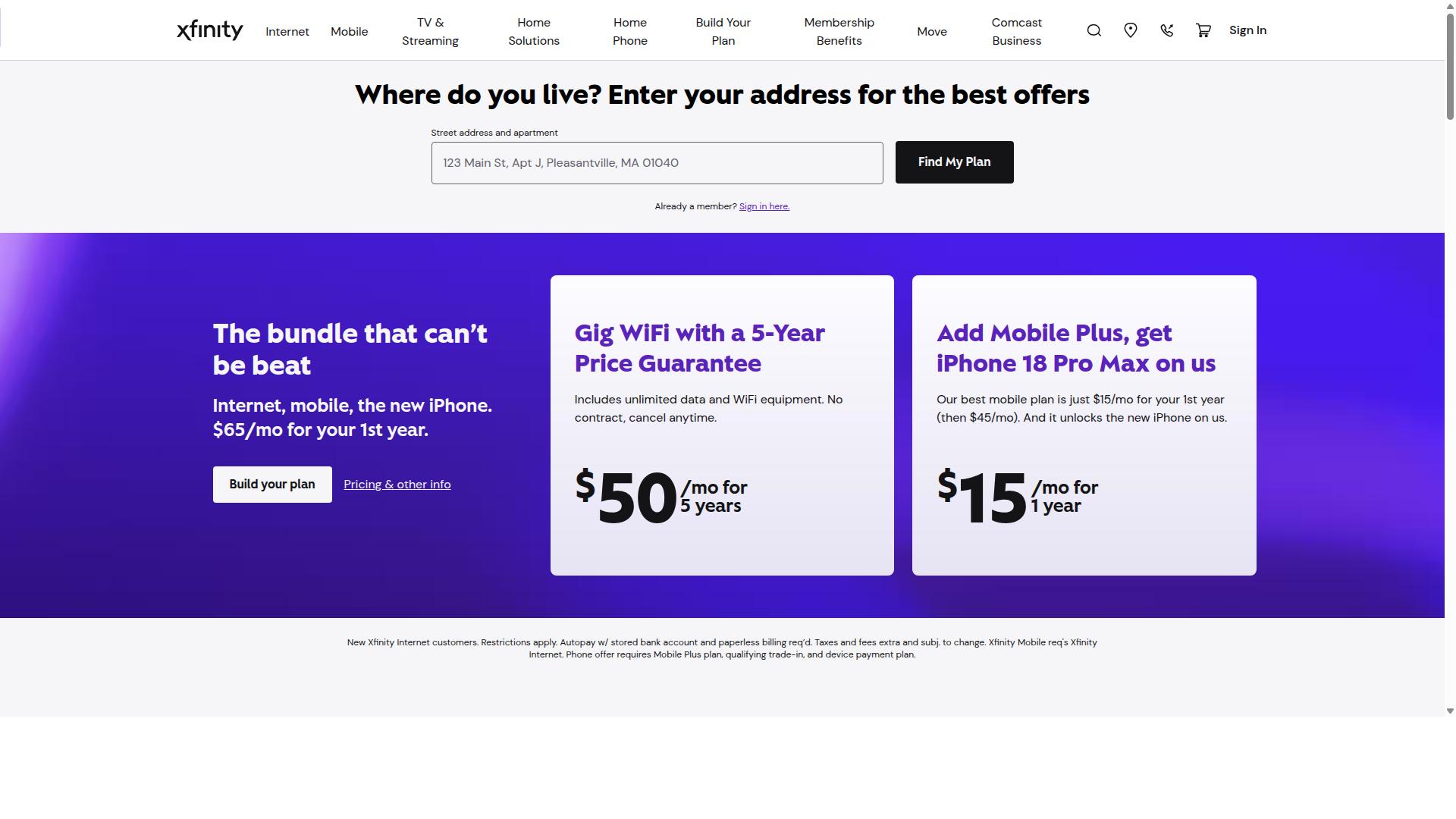 Xfinity Mobile website
